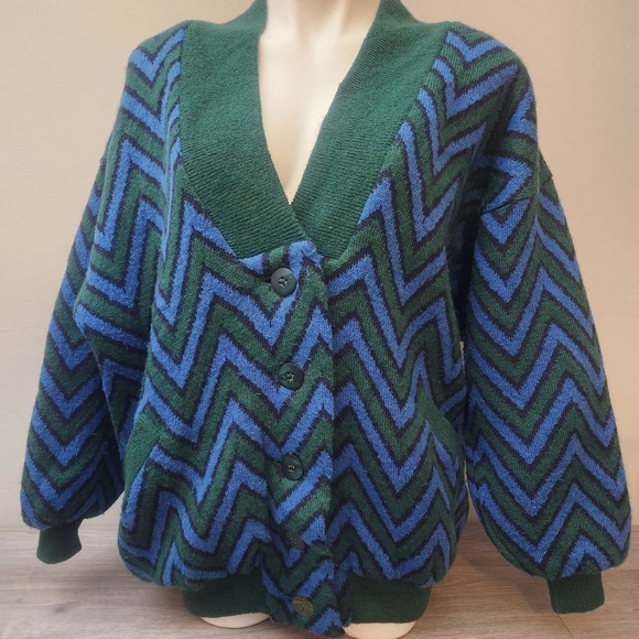Vintage Mondi Quilted Cardigan Size M (40) Blue Green Chevron Chunky Wool Mohair - Picture 1 of 13